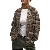 BEAUDRM Women's Striped Cardigan Sweater Y2k Fuzzy Cardigans Button Up V Neck Fuzzy Knit Sweater Fall Outfit