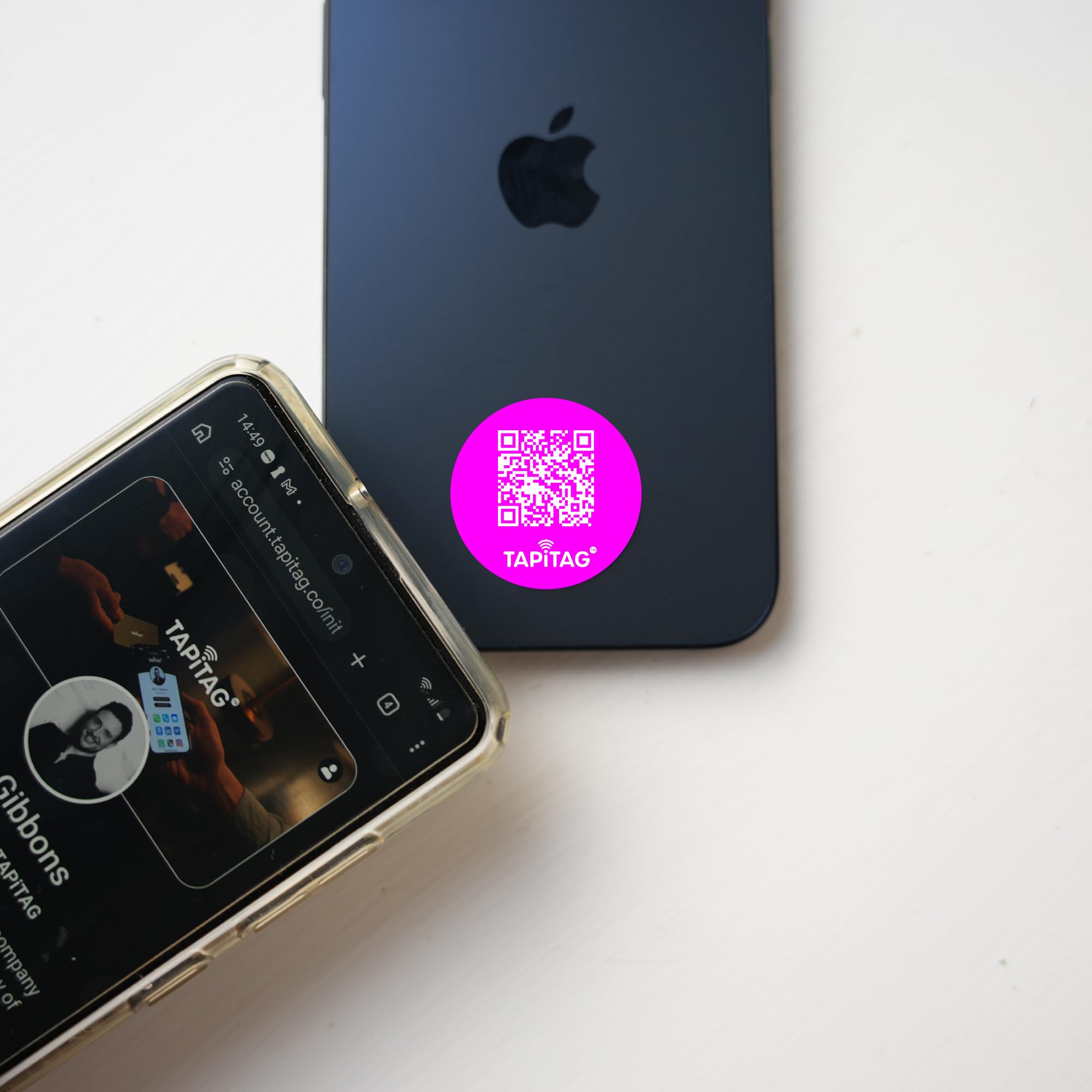 TAPiTAG Phone Tag with NFC & QR Code – NO Subscription Required - 30mm Round PVC Contactless Digital Business Card Sticker Linked to Online Profile for Networking & Business Contacts (Pink)