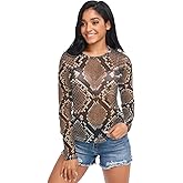 Aflyko Animal Print Women Summer Top Fancy Snakeskin Brown Sheer T Shirt Mesh Blouse, S-XXL
