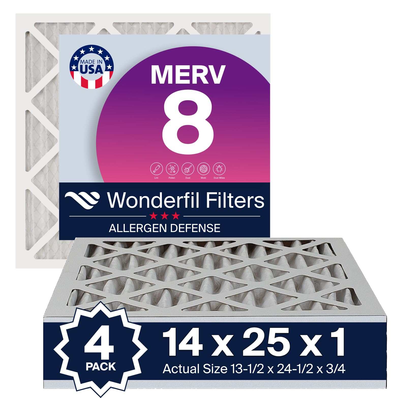 Photo 1 of 14x25x1 MERV 8 Air Filter (4-Pack) | Wonderfil Filters | Pleated HVAC Design | Perfect Fit for AC & Furnace Systems | Actual Size: 13.5" x 24.5" x 0.75"