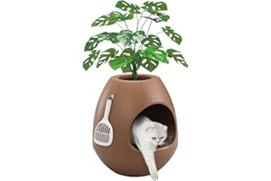 COZIWOW Eggloa6 Hidden Cat Litter Box with Artificial Plants - Egg-Shaped Enclosure Includes Scoop, Discreet Furniture for Home Decor, DIY Assembly Cat Litter Box Cabinet for Living Room (Coffee)