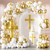 HKYOOD First Communion Balloons - White and Gold with God Bless Balloon Garland Arch Kit Different Size Balloons for First Holy Primera Communion Baptism Theme Party Decorations