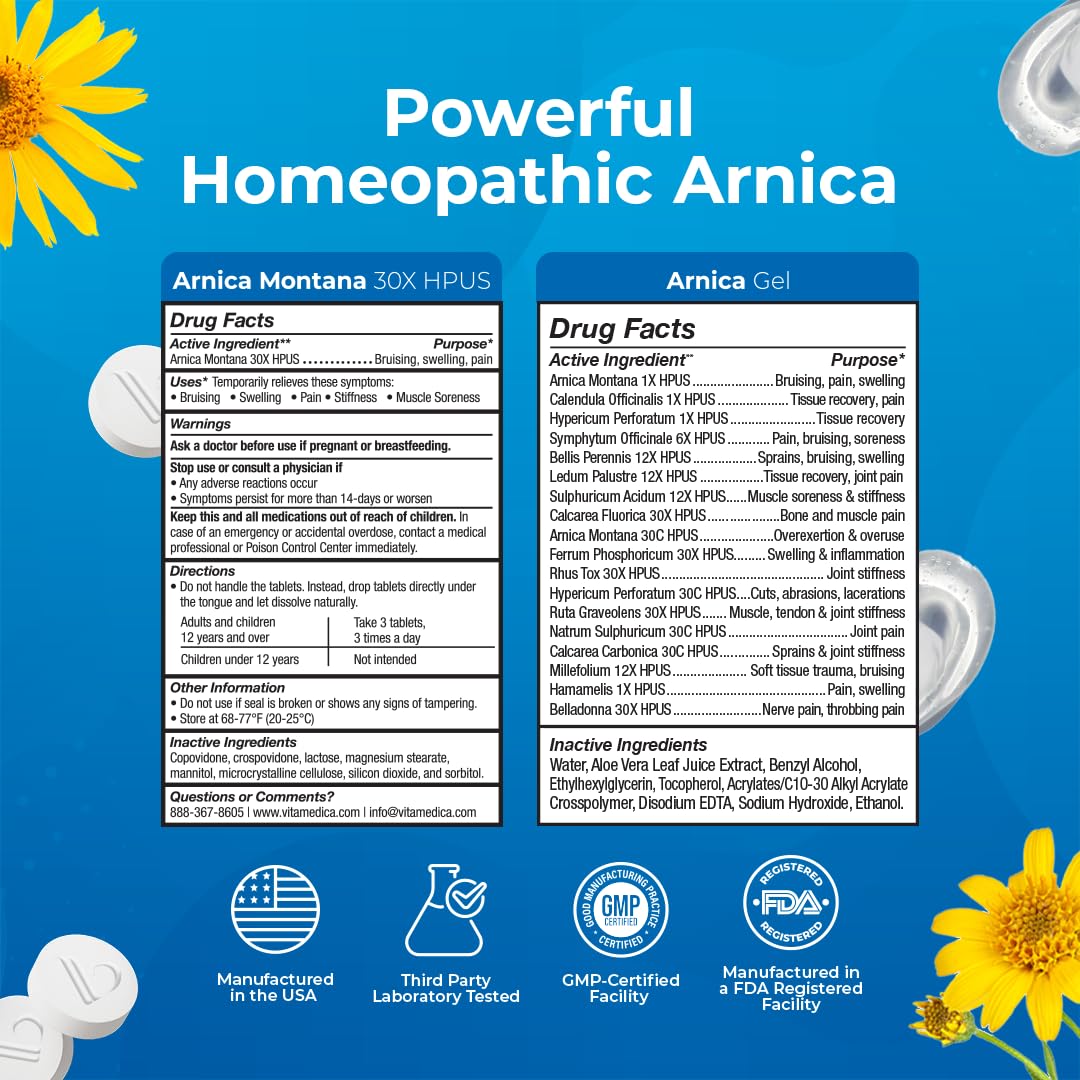 VitaMedica Arnica Montana Tablets & Arnica Gel Bundle for Natural Pain, Bruising, and Swelling - 150 Rapid Dissolve Tablets / 3 Ounce Water-Based Gel - Made in USA