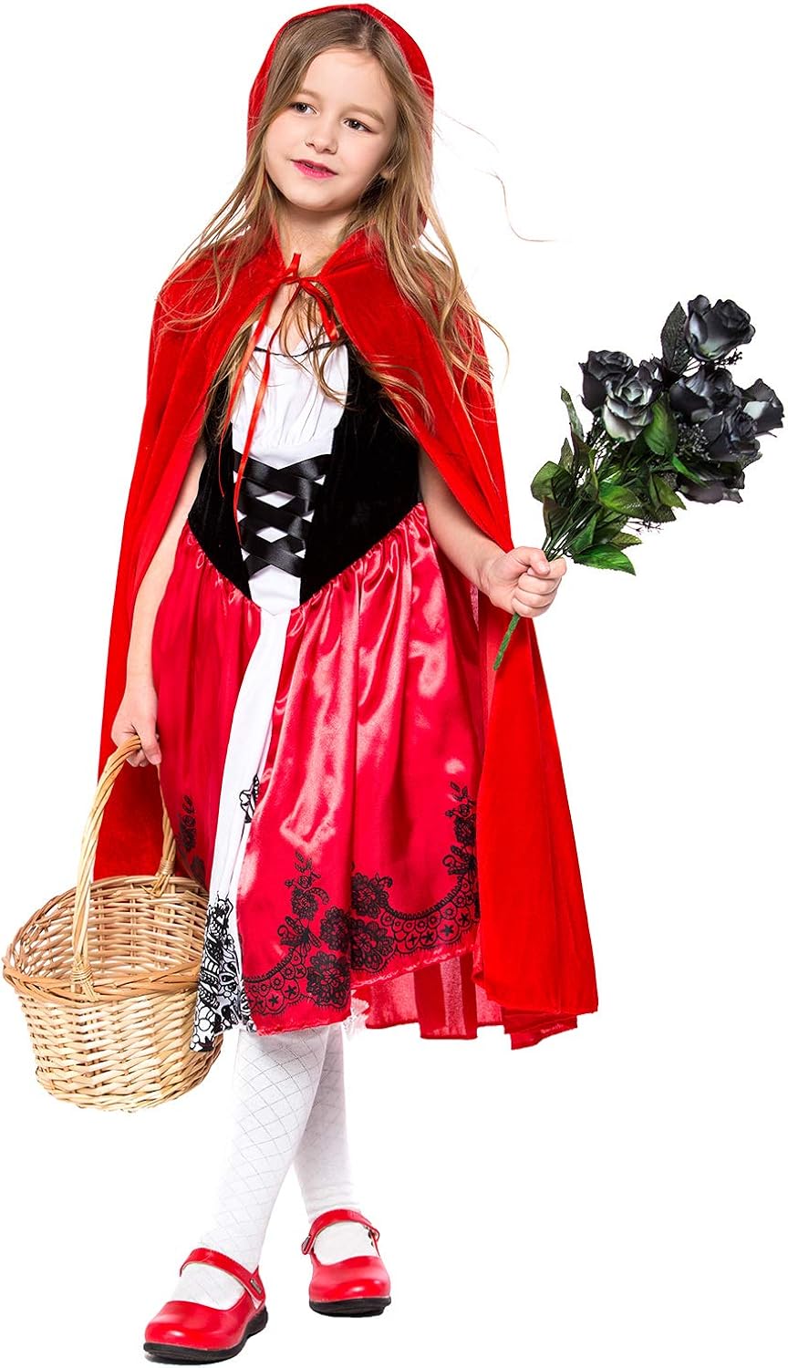 Children's Little Red Riding Dress Hood Kids Halloween Costume Princess Belle Outfit for Fancy Dress Up Party Costume