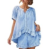Wyeysyt Womens Gingham Pajamas Set 2 Piece Cotton Pj Sets Ruffle Babydoll Shirt and Plaid Shorts