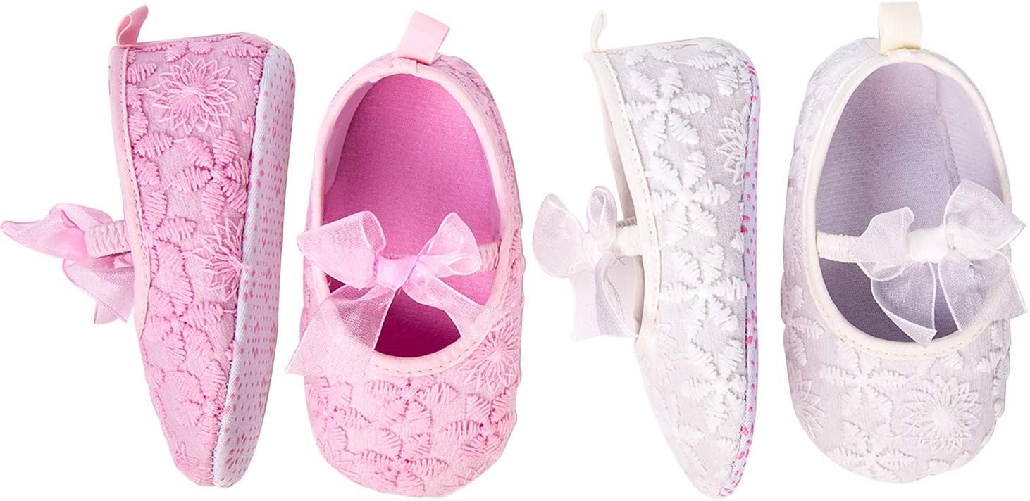 Baby Gilrs Mary Jane Flats Soft Sole Crib Shoes Princess Dress Shoes for Newborn Girls, 2 Pairs