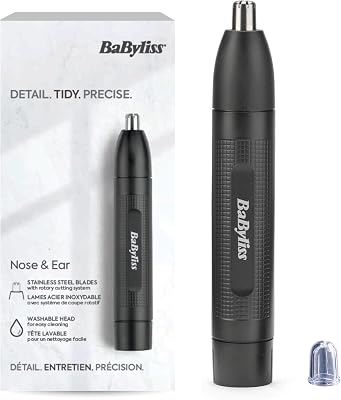 Recortadora para Nariz y Orejas - Sistema de 2 cuchillas precisas, Funciona con pilas, Acero Inoxidable, Accesorios extraíbles de fácil limpieza, Regalo para hombres, Negro, E650E