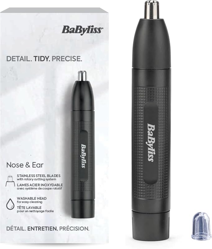 Corta-nariz e ouvidos - Sistema preciso de 2 pás, alimentado por pilhas, aço inoxidável, acessórios removíveis fáceis de limpar, oferta para homens, preto, E650E
