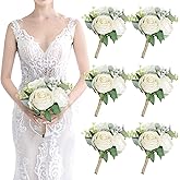 SEMONONIA Bridesmaid Bouquets Set of 6 - Ivory White Artificial Flowers Bouquet for Bridesmaids Wedding Small Floral Centerpieces for Marriage Proposal Party Anniversary Dining Table Decor -7 Inch