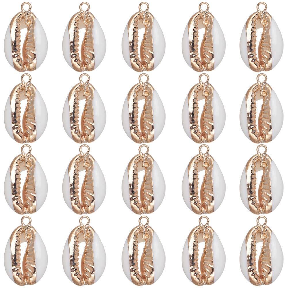 SUNNYCLUE 1 Box 20Pcs Seashell Charms Shell Charms Sea Shells Sea Shell Charms Bulk Natural Cowrie Shell Charms Summer Hawaii Gold Electroplated Shell Charm for jewellery Making DIY Craft Supplies