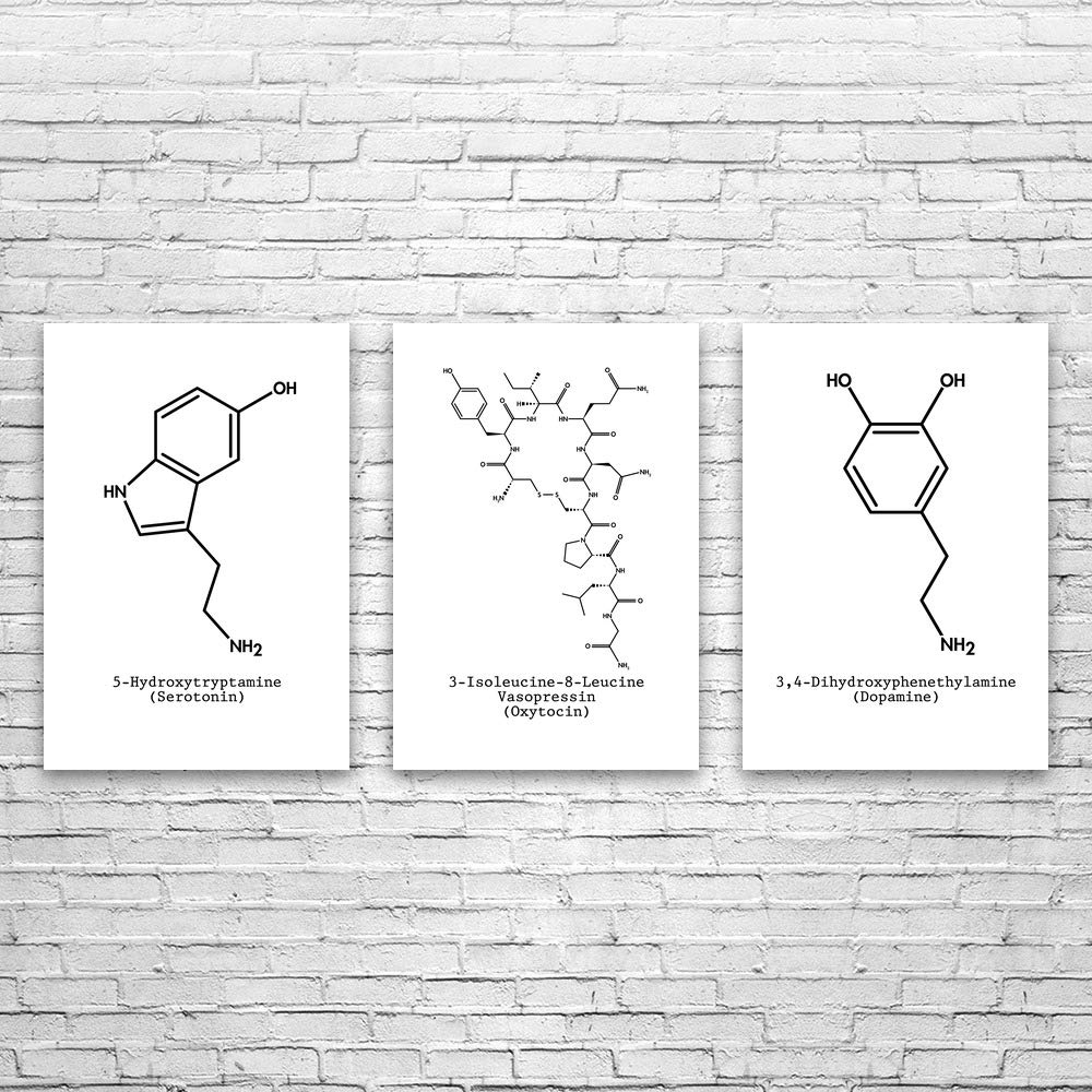 Patent Earth Neurotransmitter Molecules Posters Set of 3, Serotonin, Oxytocin, Dopamine, Scientist G