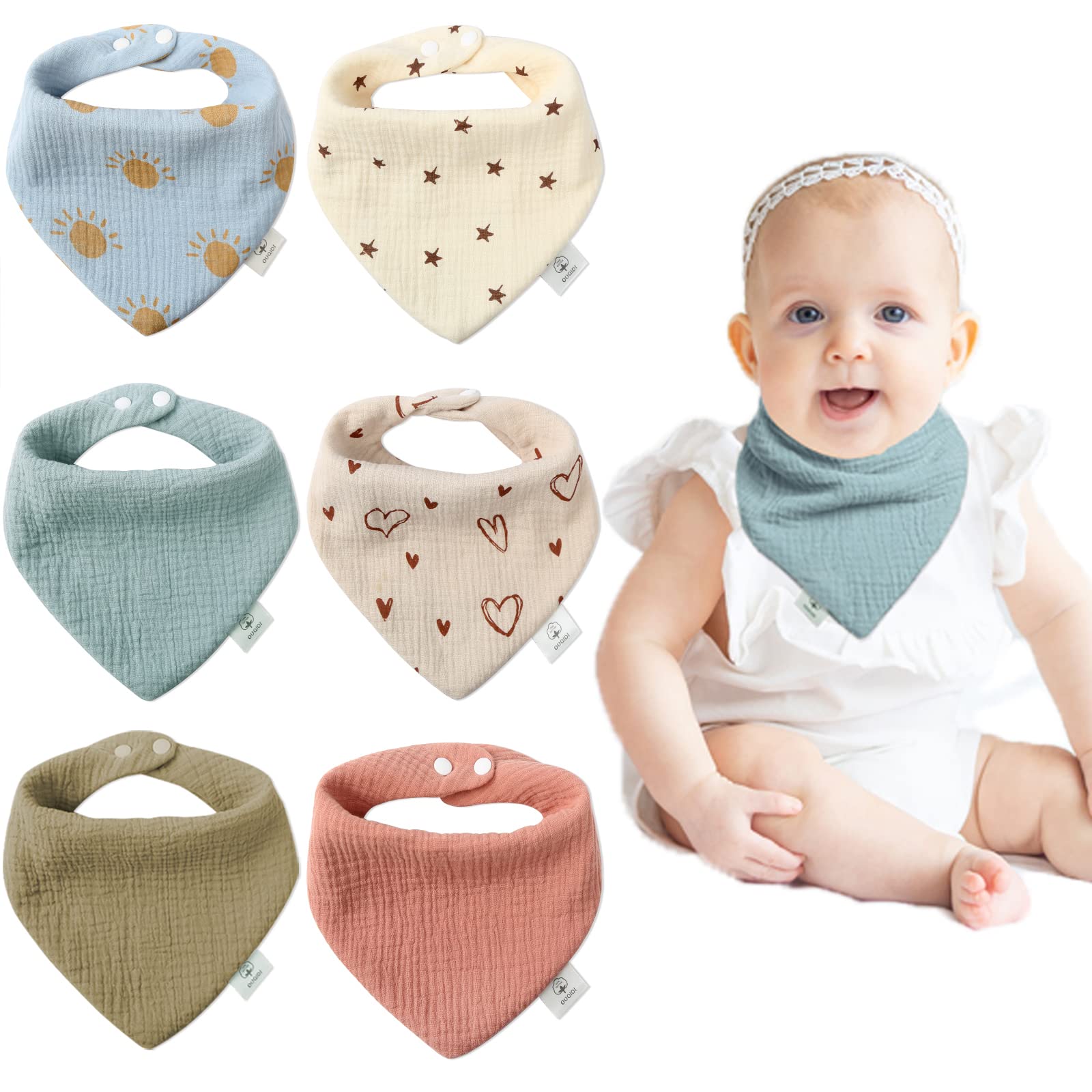 Ouqidillc Bib Baby Triangular Scarf Absorbent,6-Layer Muslin Neckerchief Baby with Adjustable Press Stud,Soft Baby Drool Bibs for Boys and Girls,Infants,Toddlers,Unisex,Pack of 6,multicoloured
