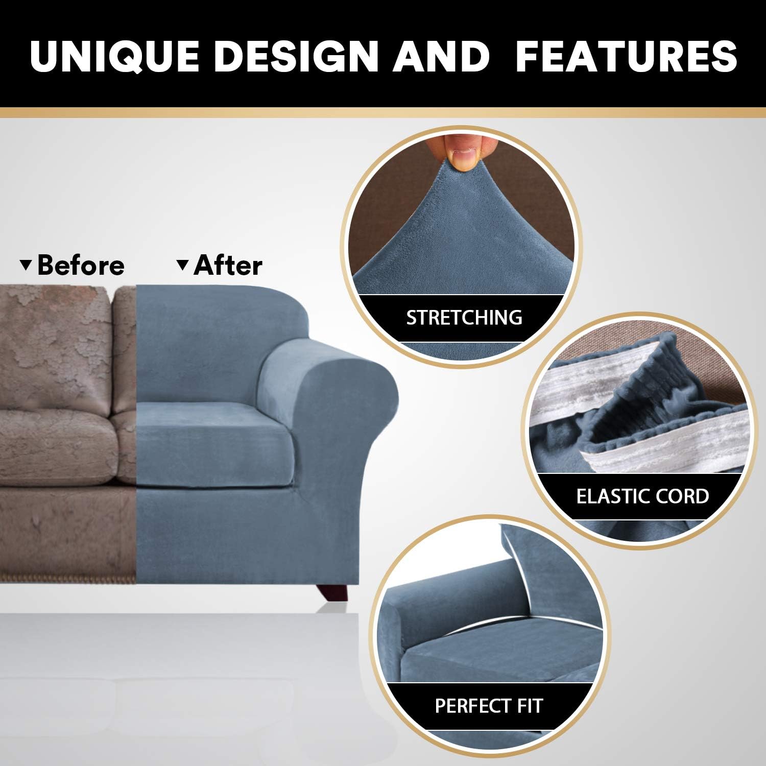 4 Pieces Sofa Covers Stretch Velvet Couch Covers for 3 Cushion Sofa Slipcovers Soft Sofa Slip Covers with 2 Non Slip Straps Furniture Covers with 3 Individual Seat Cushion Covers (Sofa, Stone Blue): Furniture & Decor