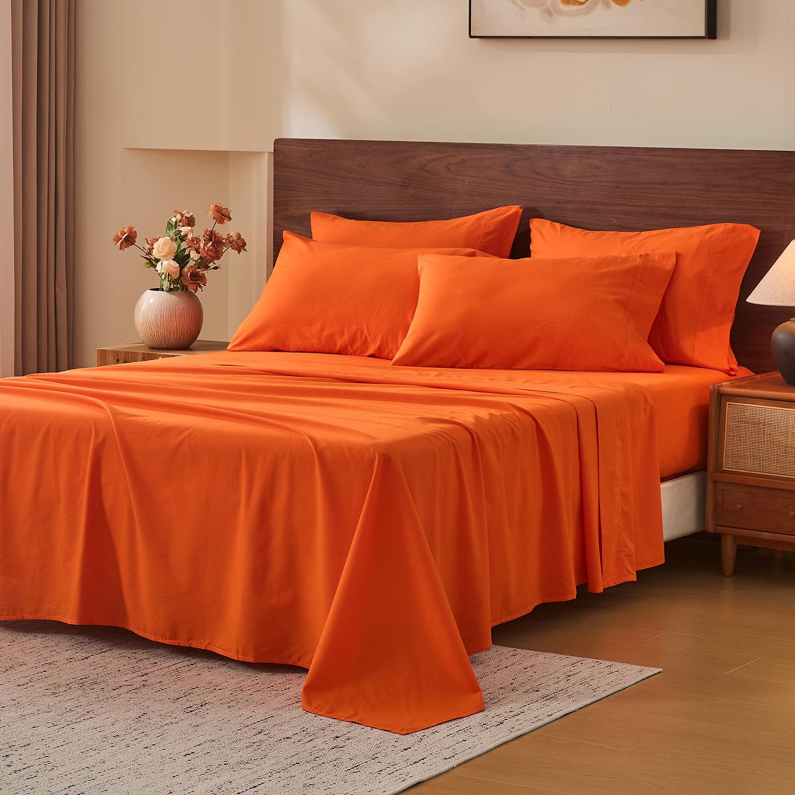 MEISHANG 100% French Pure Linen Sheets Queen Size - 6 PC Extra Deep Pocket Sheet Set, Soft Durable Flax Linen, Anti-Tear Breathable & Oeko-Tex Certified 18-24 Deep Pocket,All Season(Orange) Image