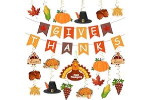 AINDEN Thanksgiving Decorations, Pre-Assembled GIVE THANKS Banner and Hanging Swirls, Thanksgiving Decor for Indoor Classroom Office Home, Fall Party Decoration Supplies