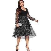Parara Plus Size Mesh Cocktail Evening Party Dress for Women V Neck Long Sheer Sleeve Midi Formal Dresses