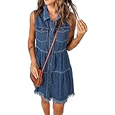 luvamia Women's Casual Summer Lapel Sleeveless Button Down Short Denim Jean Dress