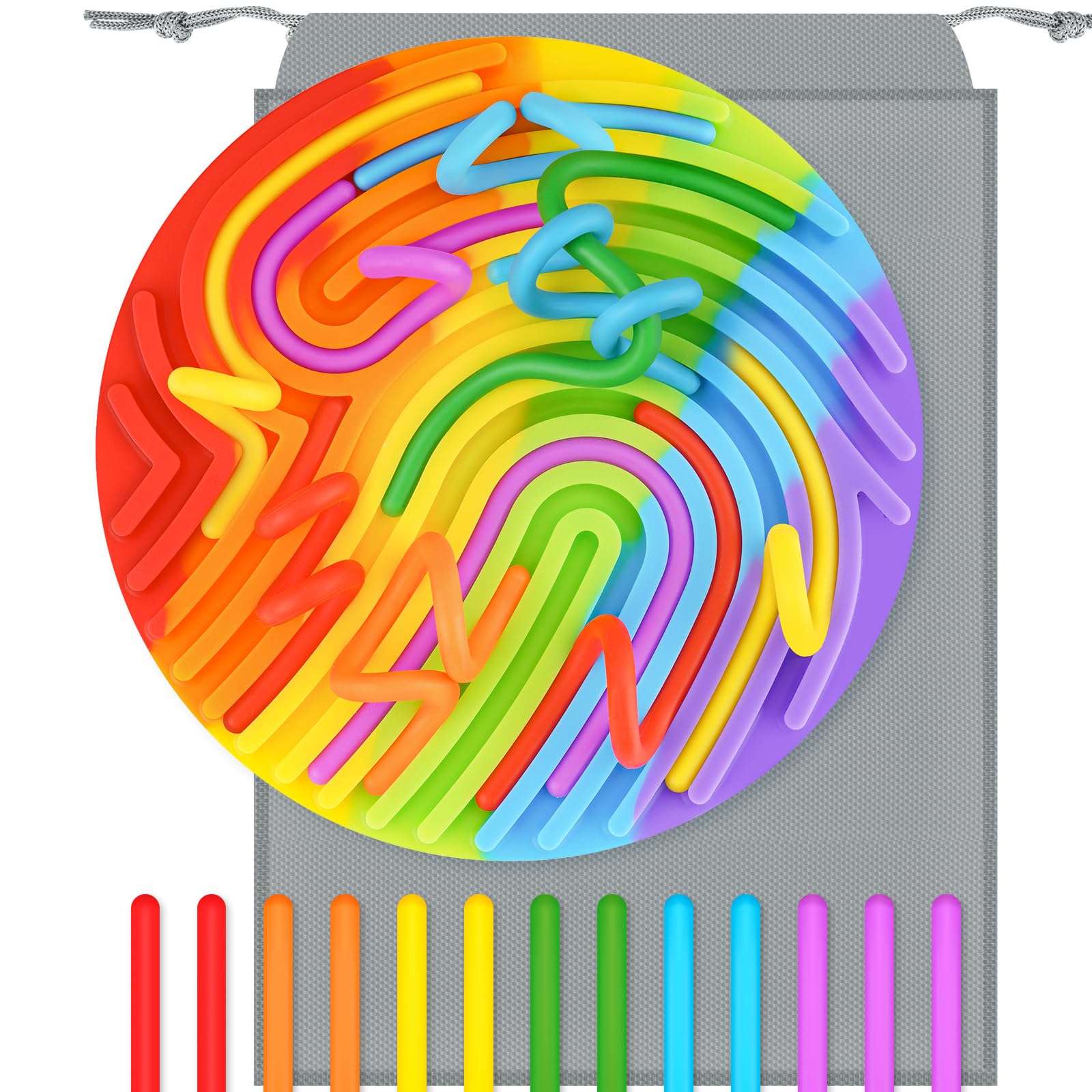 13 Silicone Strings Sensory Toy for Kids, Sensory Activity Busy Board, Travel-Friendly STEM Montessori Fidget Toy for Fine Motor Skills and Hand-Eye Coordination (Round, Rainbow)