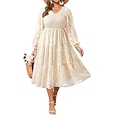 Pinup Fashion Plus Size Fall Wedding Guest Dress - Long Sleeve V Neck Floral Lace Smocked Flowy Tiered Midi Dress