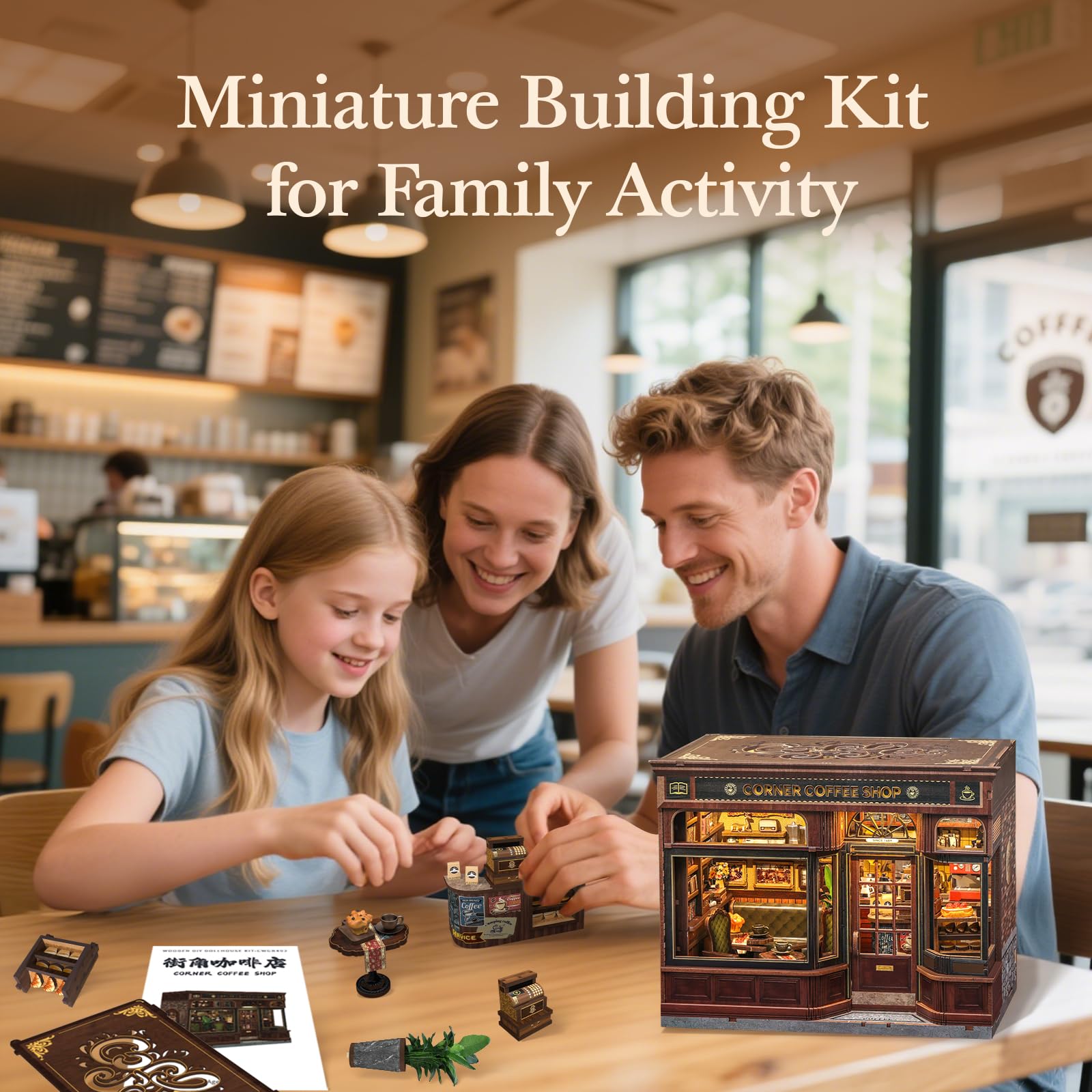 Fsolis DIY Book Nook Bausatz & Puppenhaus Miniatur Kreativgeschenk für Erwachsene & Jugendliche, Magische 3D Holz Deko mit beleuchtetem Puppenhaus für Bücherregale(Corner Coffee Shop) 5
