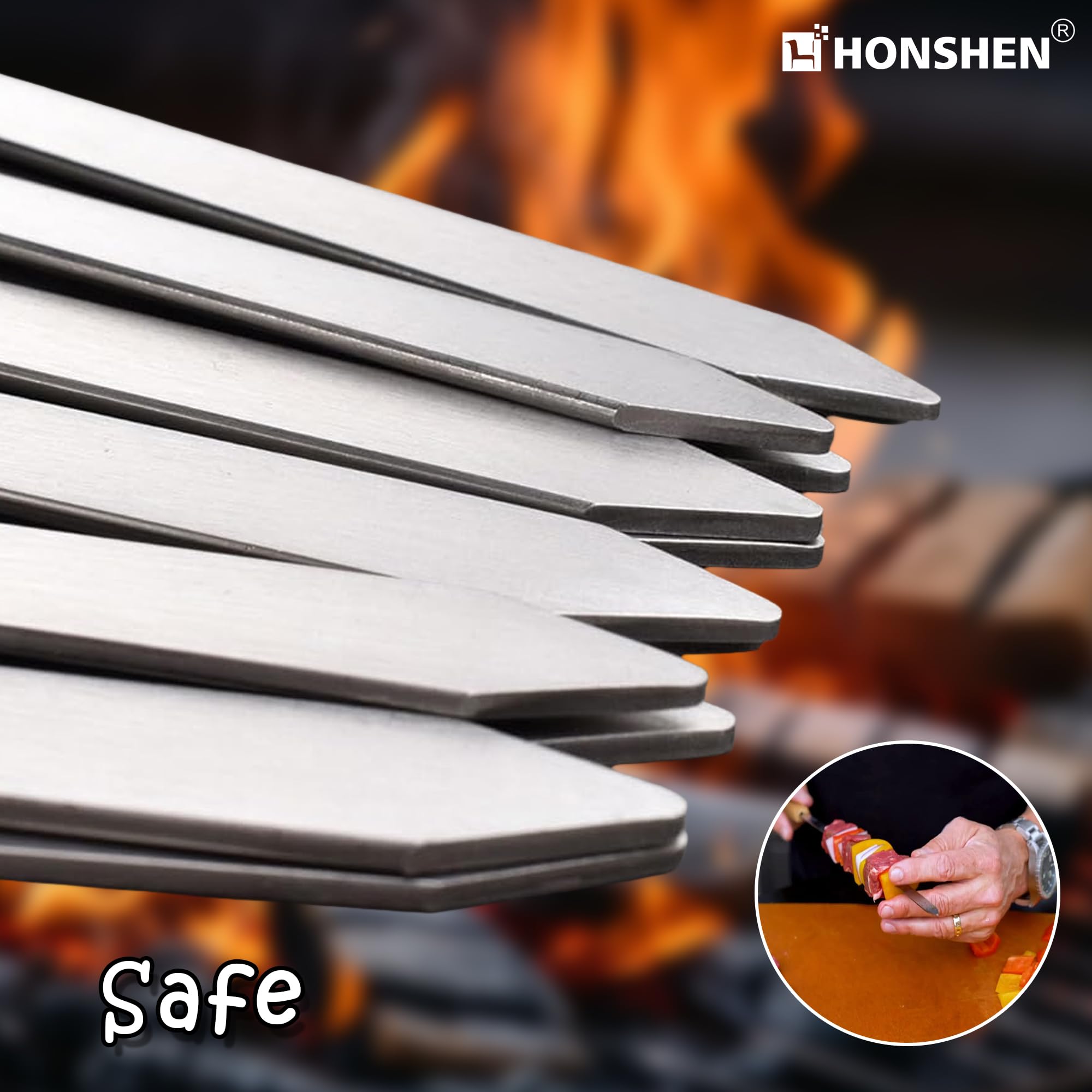 17-Inch 12 Pack Long Flat BBQ Skewers, HONSHEN Brazilian-style Stainless Steel 3/8 Inch Wide Blade with hardwood Handle barbecue skewers for Grilling Meat,Chicken,Shrimp,Vegetables-Set of 12