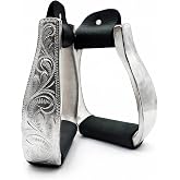 SanBluff Western Stirrups 4.9" Inside Width Cast Aluminum Leather Tread | Traditional western stirrups Flat footbed, not angled/slanted side frame, Hand engraved pattern