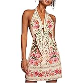 RoseSeek Women's Tropical Floral Backless Halter Dresses Cut Out Knot Front Sleeveless Vacation Short Dress
