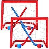 Leyndo 2 Sets Kids Mini Hockey Set Includes 2 Hockey Nets 2 Mini Hockey Goal 4 Plastic Mini Hockey Sticks 4 Foam Balls Knee Hockey Goal Hockey Ball for Kids Indoor Floor(Bright Color)