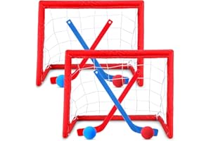 Leyndo 2 Sets Kids Mini Hockey Set Includes 2 Hockey Nets 2 Mini Hockey Goal 4 Plastic Mini Hockey Sticks 4 Foam Balls Knee Hockey Goal Hockey Ball for Kids Indoor Floor(Bright Color)