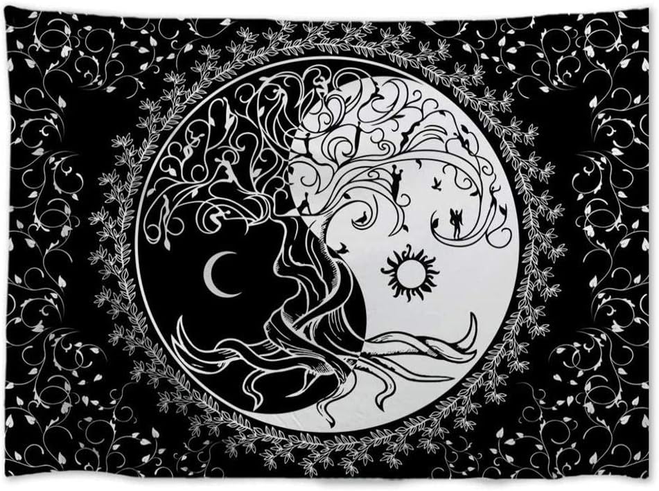 Psychedelic Black and White Tapestry Mandala Moon and Sun Combined with