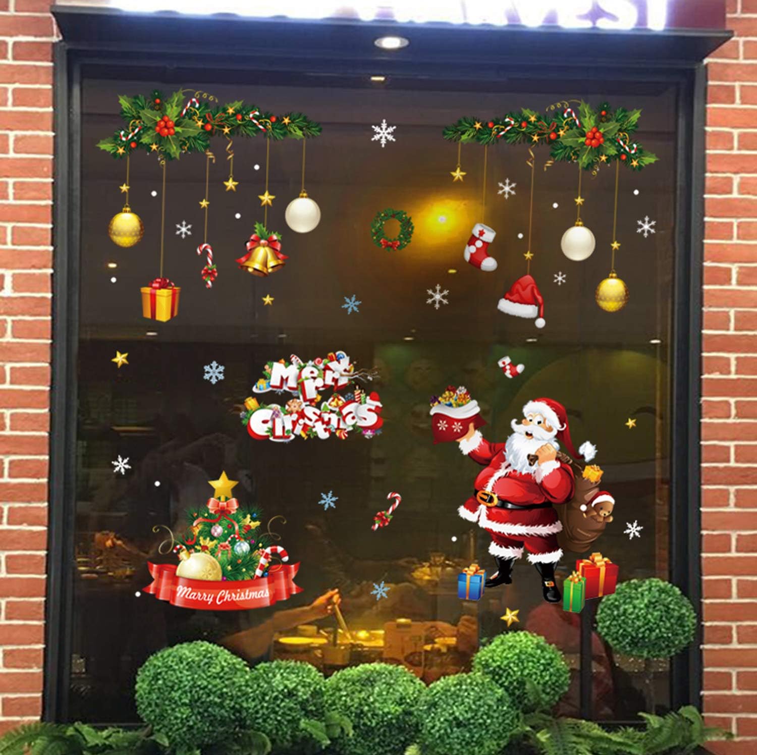 Christmas Window Sticker DIY Xmas Window Door Decoration PVC Clings Reusable Window Decals for Merry Christmas Decoration,with Snowflake Christmas Tree Gift Socks Santa Claus,50x35cm,4 Sheets