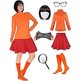 Women Costume Adult Top Skirt and Socks, Bob Wig, Glasses, Magnifying Glass for Halloween Women Cosplay Set…