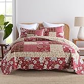 camandy Cotton Bedspread Quilt Bedding Sets 3 Pieces Reversible Coverlet Sets Comforters Vintage Floral Patchwork Purple Red Bedspread, Queen Size