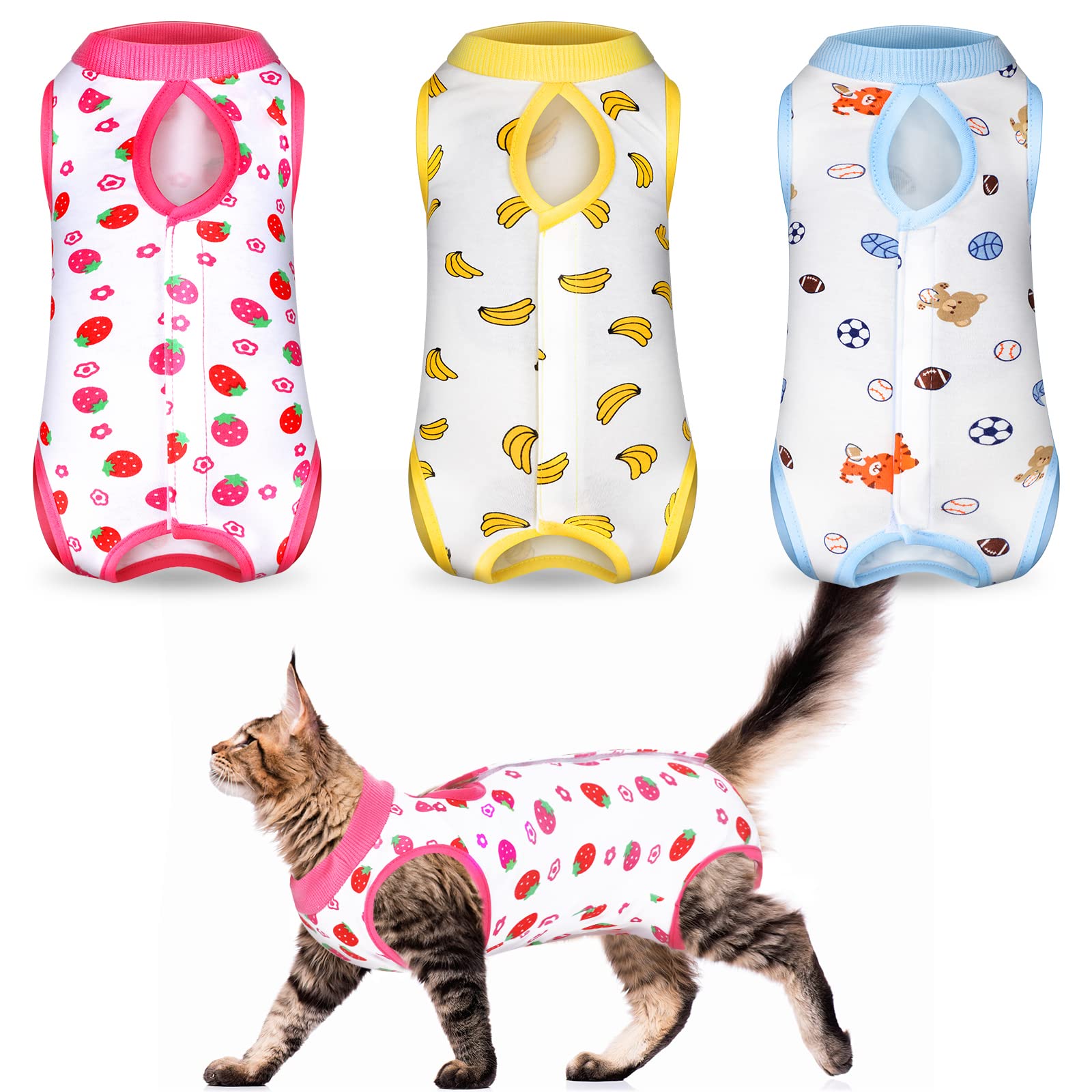 Photo 1 of Nuanchu 3 Pieces Cat Recovery Suit Kitten Recovery Suit E-Collar Alternative for Cats and Dogs Abdominal Skin Anti Licking Pajama Clothes Sets(Small,Strawberry Style,Colorful)