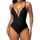 SHAPERIN Women's Lace Trimmed Deep V Neck Bodysuit Plunge Tummy Control Shapewear Thong Body Suits Cami Tank Corset Tops