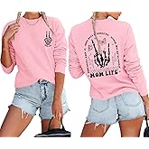 Migxsaf Mom Life Sweatshirt Mama Sweatshirts for Women Skeleton Halloween Long Sleeve Shirt Rock Crewneck Graphic Pullover