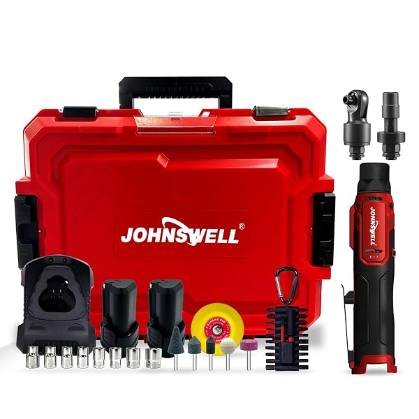 JOHNSWELL 12V CORDLESS BRUSHLESS RATCHET WRENCH + DIE GRINDER + SCREWDRIVER KIT(3-IN-1), 7-SPEED CONTROL,18,000 RPM, 2 BATTERIES