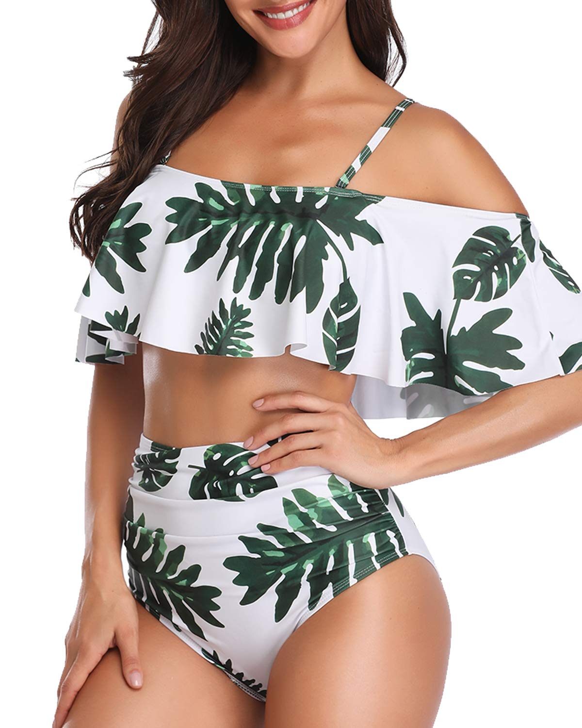 Temptme Apparel Women Off Shoulder Ruffle Two Piece Swimsuit Swimwear High Waist Leaf Print Bikini Set Bathing Suit Leaf Print M