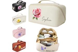 Personalized Large Capacity Cosmetic Bag, Embroidered Makeup Bag with Name, Portable Waterproof PU Leather Makeup Bag, with D