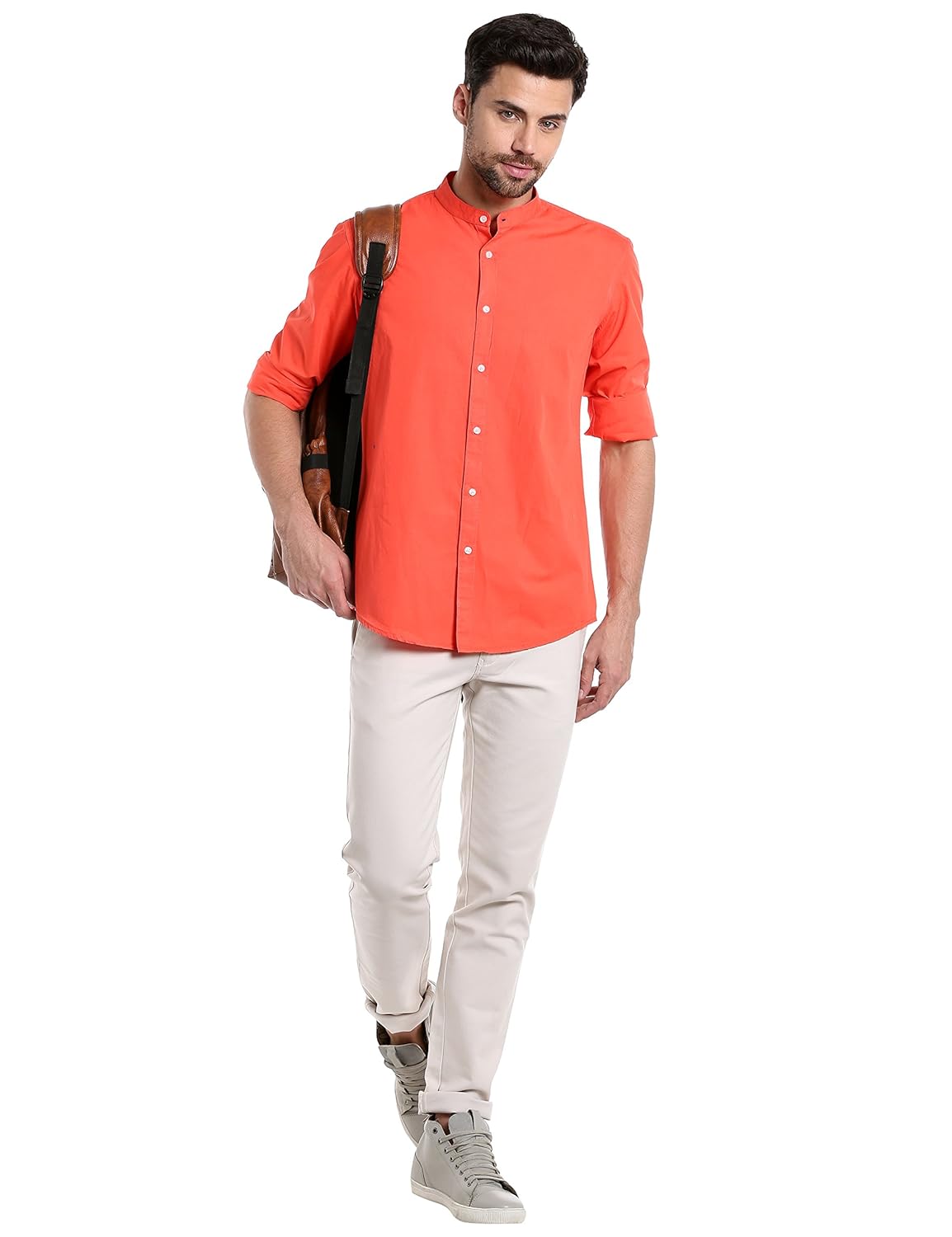 dennis lingo men's solid chinese collar orange casual shirt