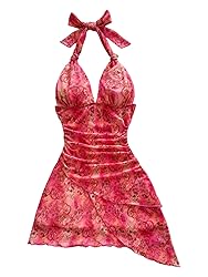 BEAUDRM Women's Floral Print Sleeveless Halter Deep