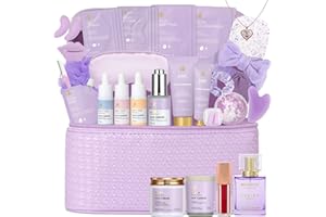RA ROSA ACCA Christmas Gifts for Women, Lavender 33 Pcs Spa Bath & Body Gift Set, Face Sheet Mask Skin Care, Hydrogel Mask, Lip Gloss, Cosmetic Bag, Face Serum, Necklace, Cleanser, Gua Sha, Mother Day, Birthday