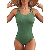 Herseas Women's One Piece Swimsuit Solid Ribbed Padded O Ring Wide Straps Scoop Neck Summer Tummy Control Bathing Suit