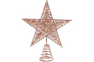 Amosfun Christmas Tree Topper, 8’’ Rose Golden Star Tree Topper, Hollow-Out Glittered Metal Star Topper, Xmas Pink Decoration, Christmas Party Supplies
