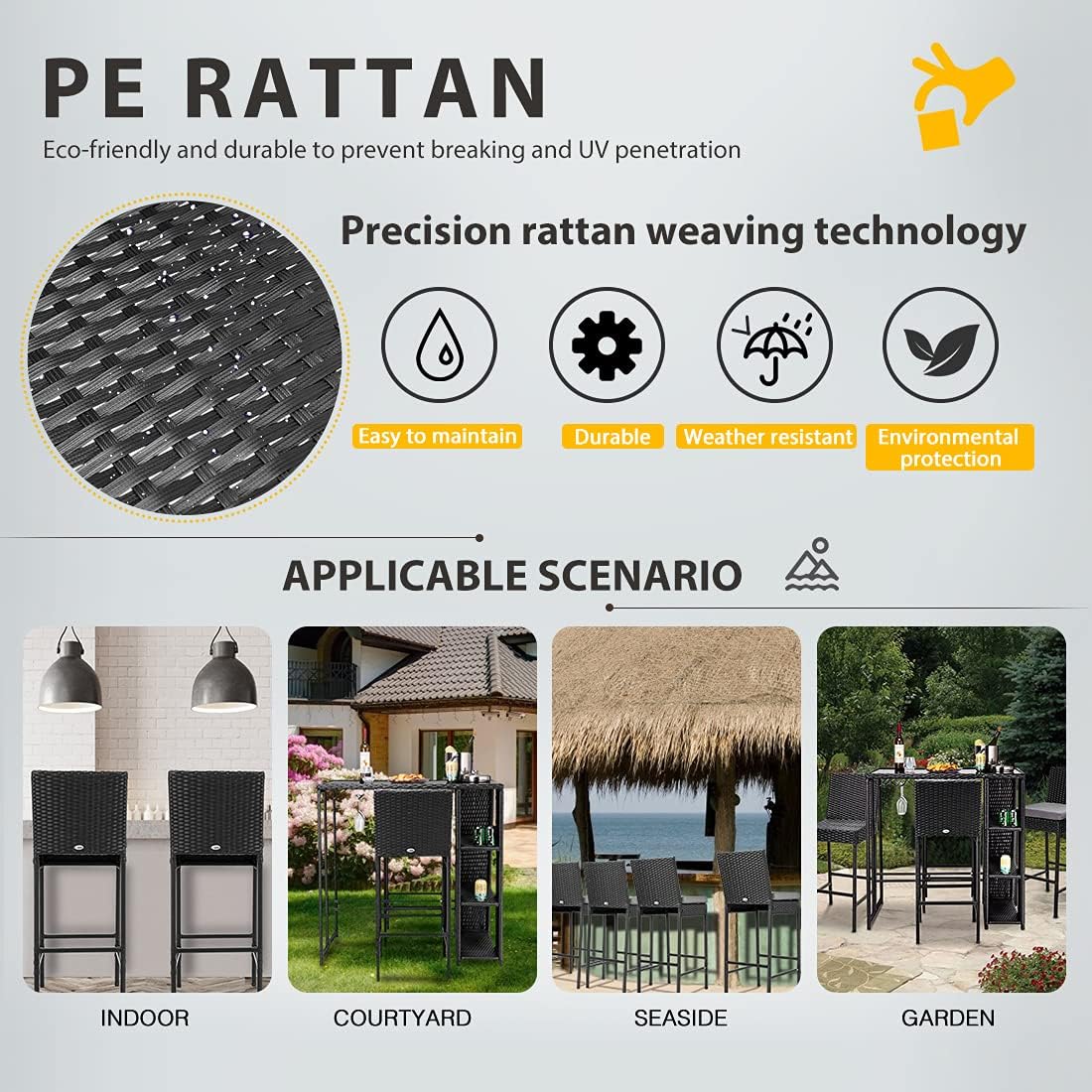 VIVOHOME 2 Packs Outdoor Wicker Barstool Patio Rattan Furniture with Cushions Black: Kitchen & Dining