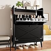 Shoe Storage Cabinet with 2 Flip Drawers & Metal Hooks, Narrow Entryway Shoe Organizer Cabinet with Adjustable Shelves Freestanding Slim Hidden Shoe Rack Cabinet for Front Door Entrance Hallway,Black