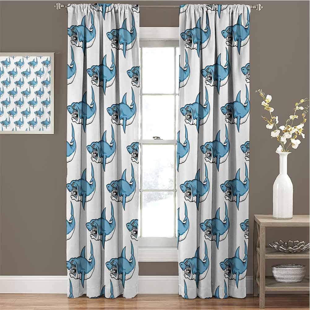 Toopeek Animals Shading Insulated Curtain Fierce Predator Wild Shark Swimming Sharp Teeth Bite Nautical Theme Pattern Soundproof Shade W54 x L63 Inch Blue White