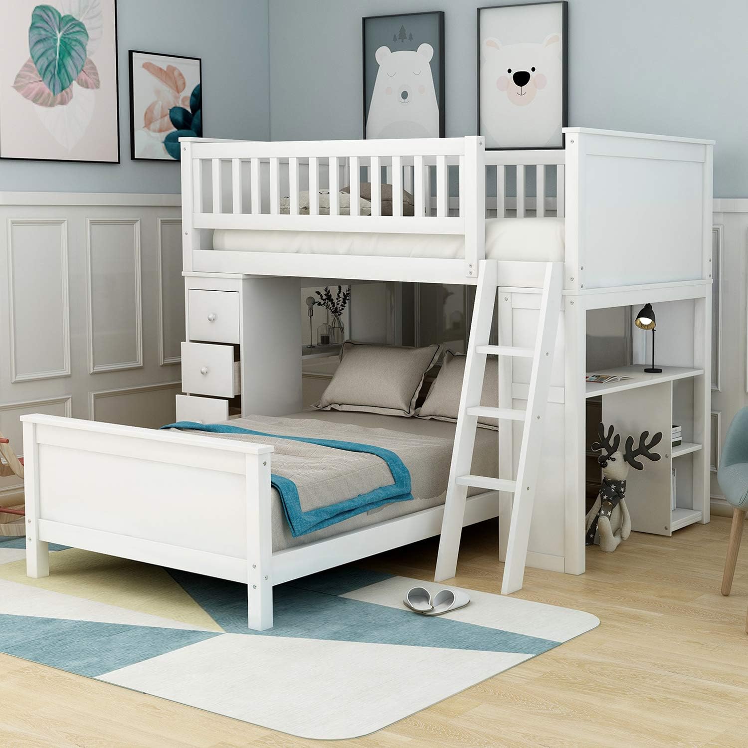 Twin-Over-Twin Bunk Bed with Storage Drawers and Stairs for Kids, Baysitone Loft System Twin Over Twin Bunk Bed Wood with Ladder (White)