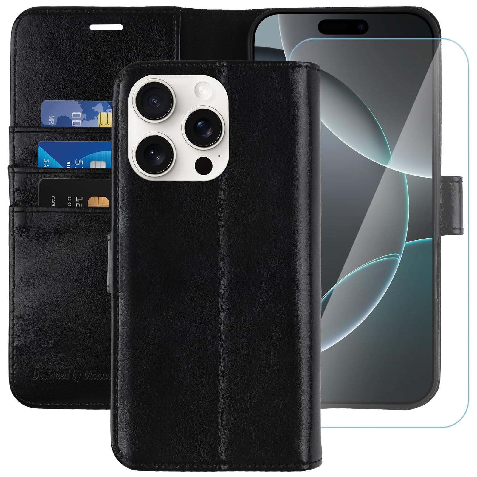 MONASAY for iPhone 16 Pro 5G Wallet Case,[Glass Screen Protector Included] [RFID Blocking] Flip Folio Leather Cell Phone Cover with Credit Card Holder, 6.3-inch, Black