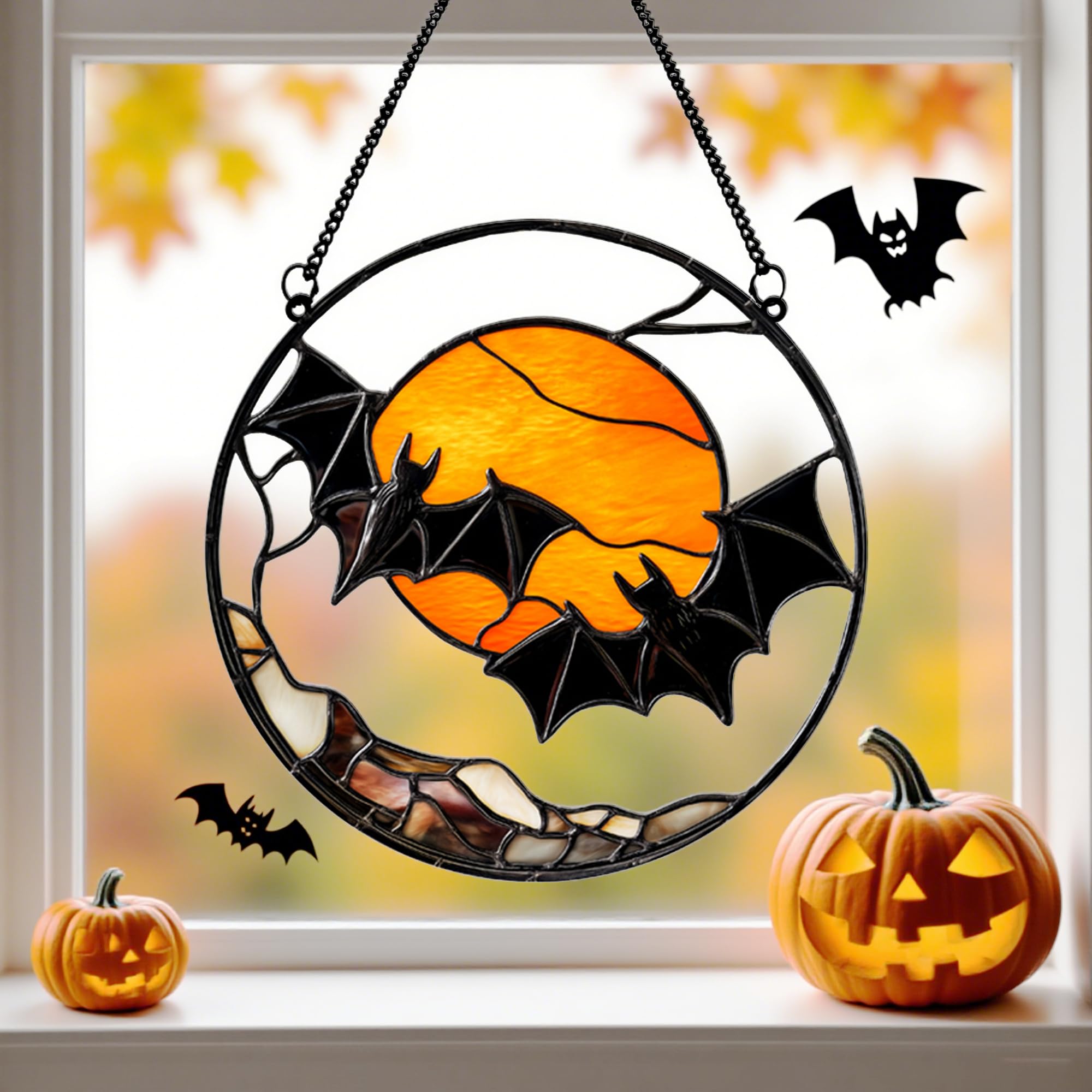 Photo 1 of Vintage Halloween Decorations Wall Decor for Home Livingroom Bedroom, Skull and Butterfly Stained Window Hanging Ornament (bat)